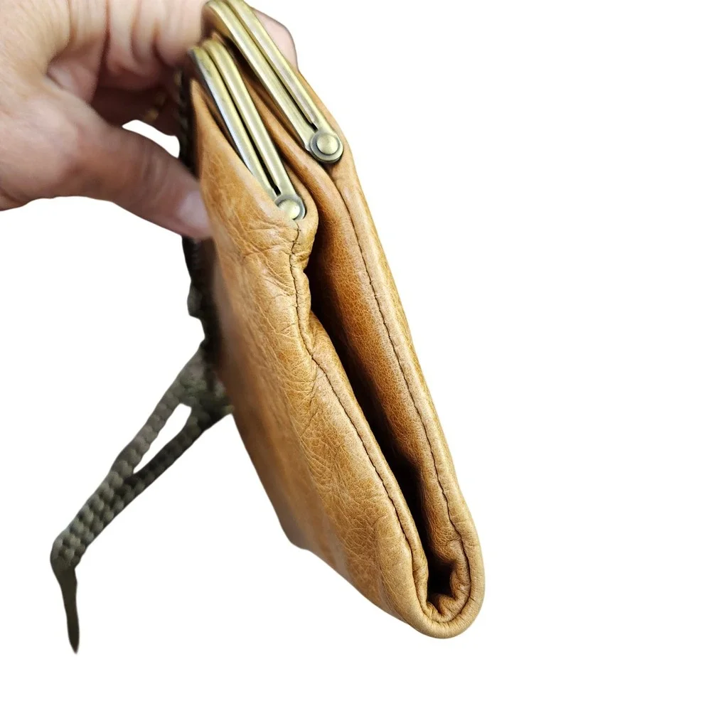Hobo Lauren Double Frame Leather Wallet Clutch Crossbody Honey Tan Brass Chain